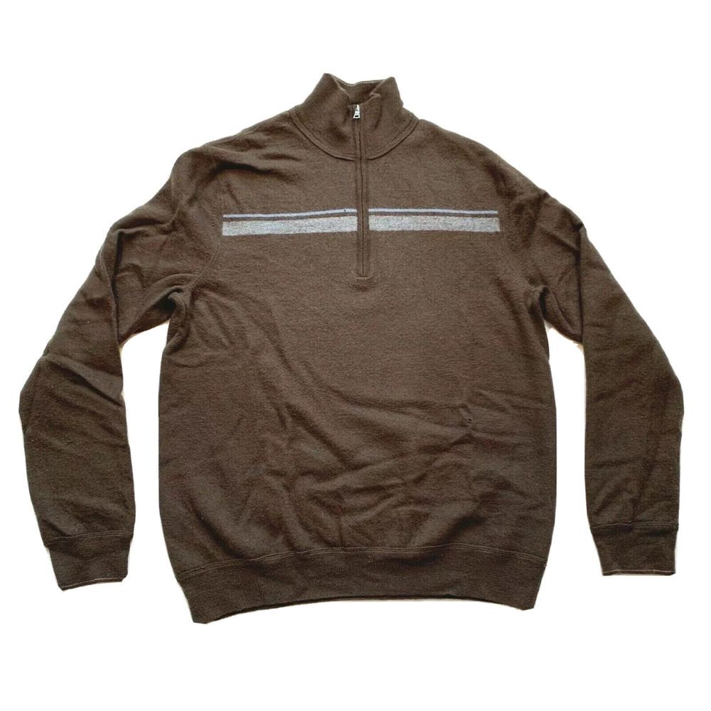 Banana Republic 100% Wool Sweater Pullover Knit 1/4 Zip Striped Thick Brown XL‎